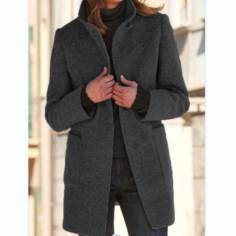 Fashion Stand Collar Woolen Coat With Pockets Fall Winter Casual Button Outwear For Women