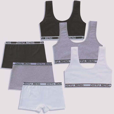 Variety of children's cotton underwear sets in black, gray, and white, featuring fixed double-shoulder straps and breathable fabric