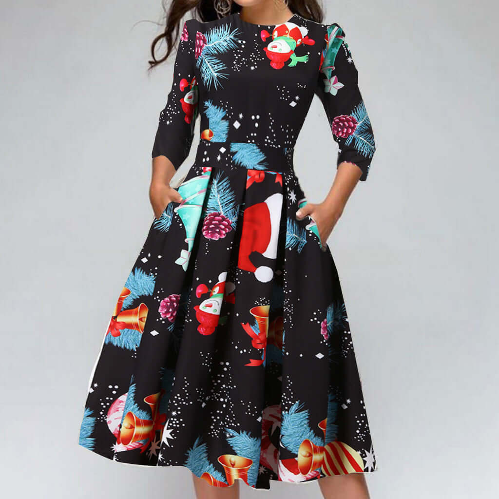 Christmas Print Slim Round Neck Dress