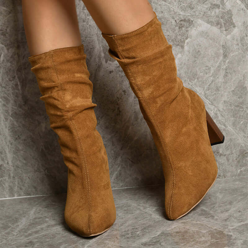 Pointed Toe High Block Heels Boots Woman Winter Warm Mid-calf Suede Long Boots New Fashion