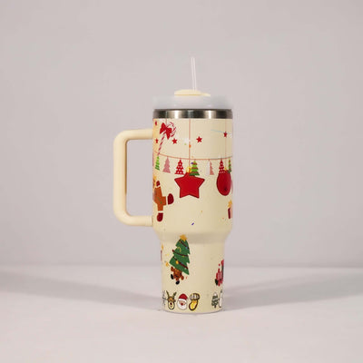 New Christmas Pattern Mug With Handle Lid Straw Drinkware Stainless Steel Vacuum Tumbler Large Capacity