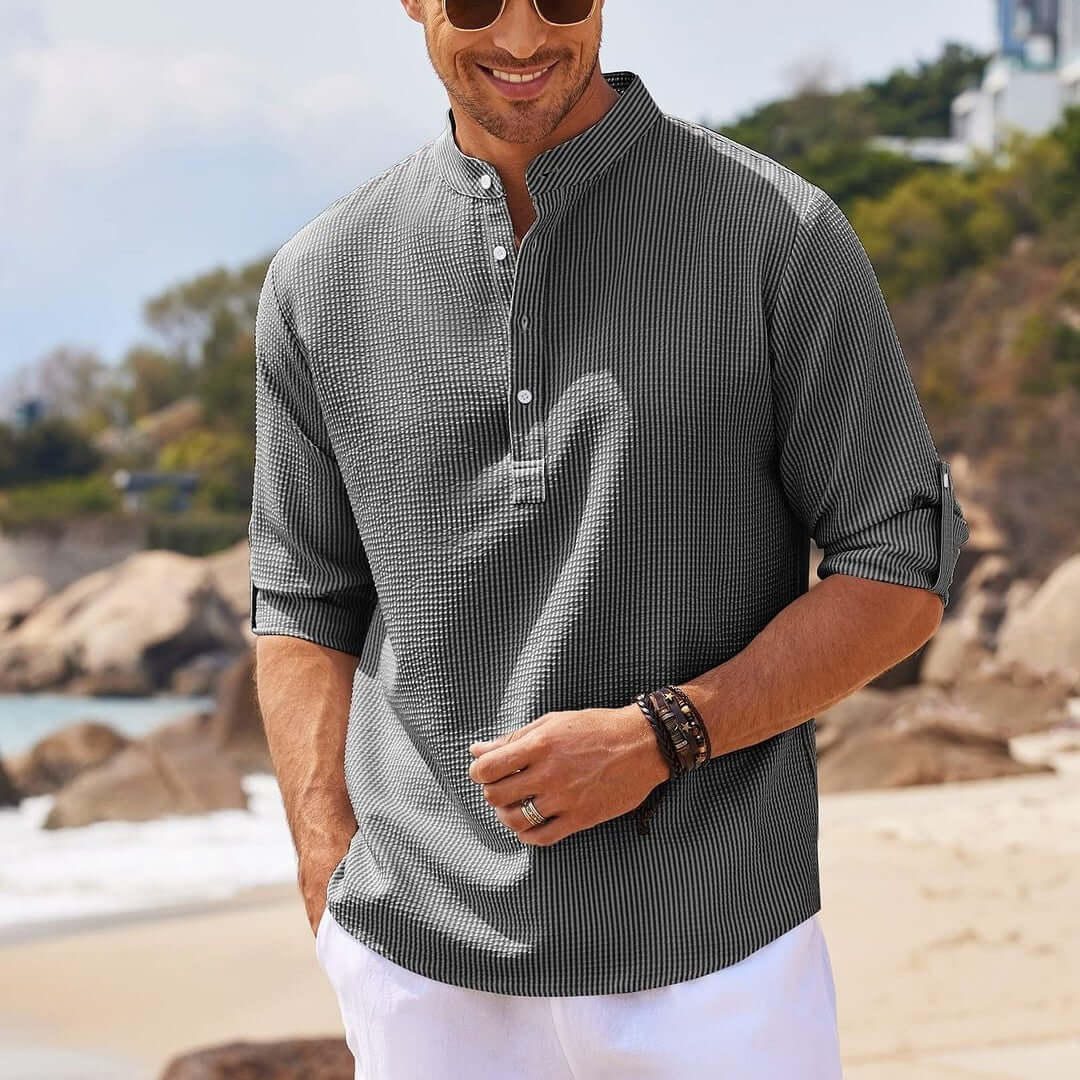 Men's Casual Shirt Long Sleeve Stand Collar Solid Color Shirt for Men's