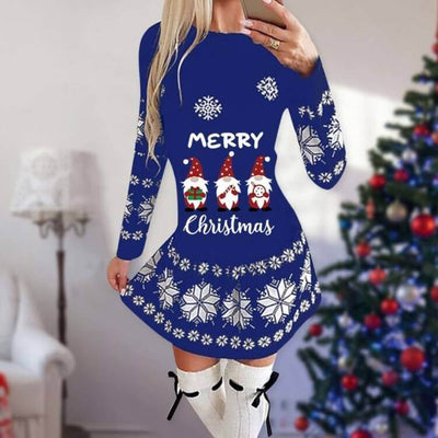 Christmas Print Round Neck Long Sleeve Dress