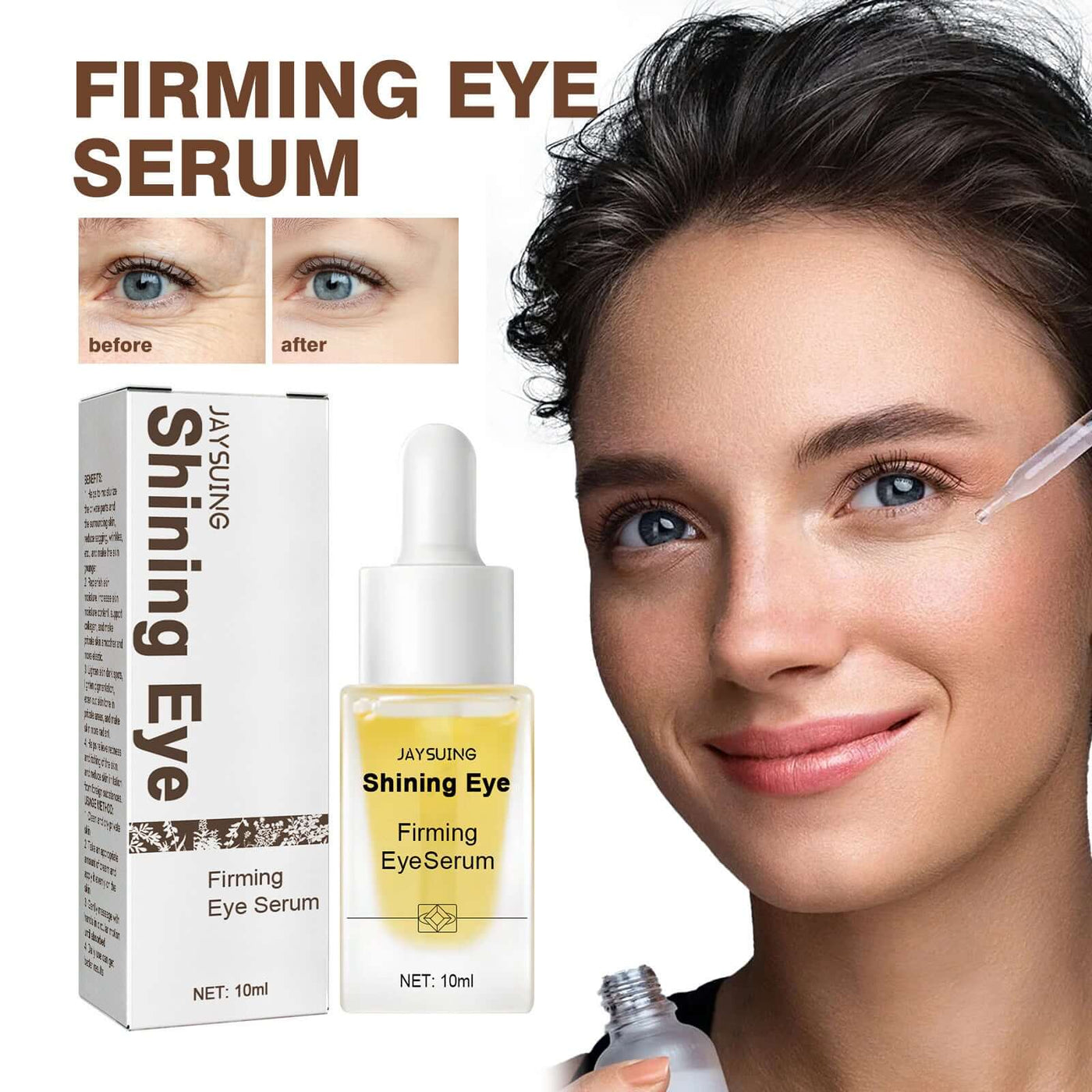 Woman smiling while applying firming eye serum, with before and after results and product packaging visible.