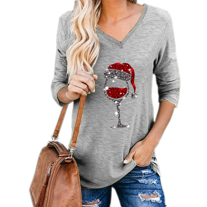 Christmas Wine Glass Print Plus Size Women Clothing