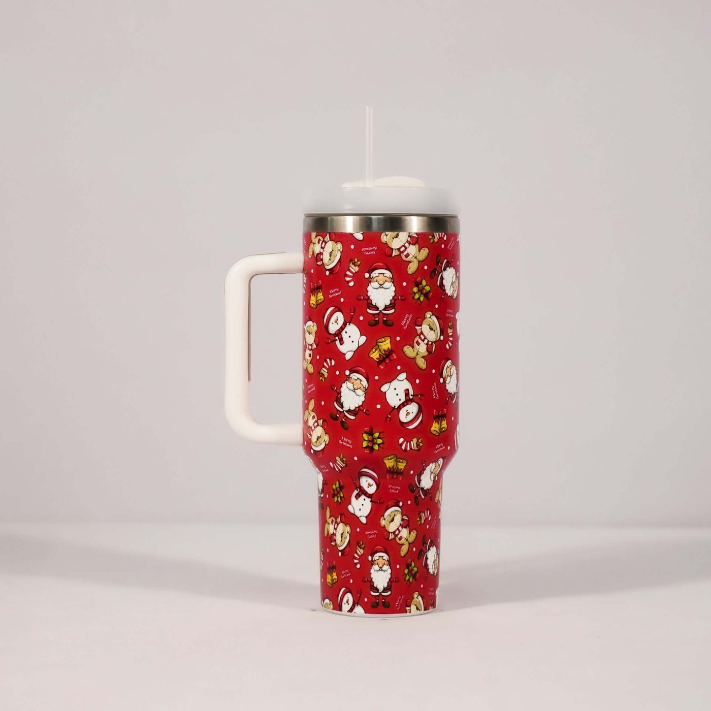 New Christmas Pattern Mug With Handle Lid Straw Drinkware Stainless Steel Vacuum Tumbler Large Capacity