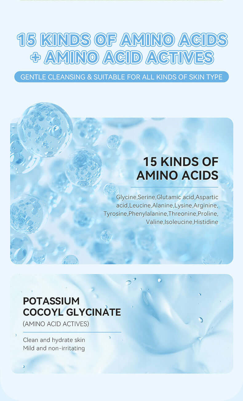 Advertisement for skin care product featuring 15 types of amino acids, suitable for all skin types, highlighting potassium cocoyl glycinate benefits.