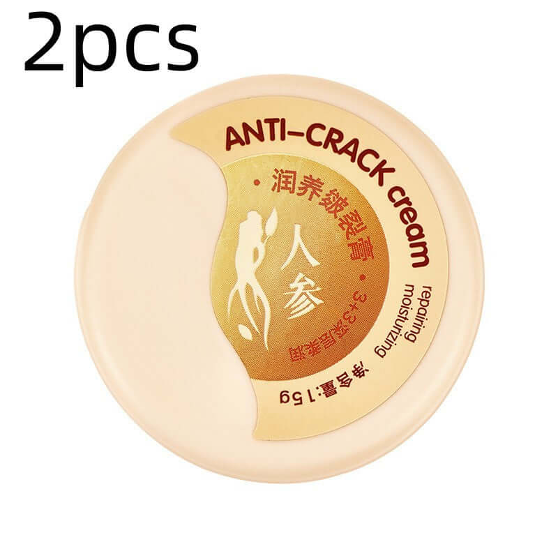 Top view of a jar of Anti-Crack Cream, labeled in both English and Chinese, emphasizing ginseng ingredients and moisturizing benefits, packed as 2 pieces.