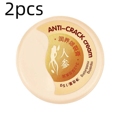 Top view of a jar of Anti-Crack Cream, labeled in both English and Chinese, emphasizing ginseng ingredients and moisturizing benefits, packed as 2 pieces.