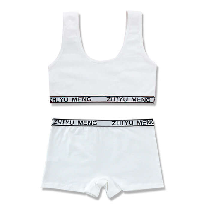 Pure cotton solid color underwear set for children, white vest style top and shorts with black logo band, breathable and comfortable