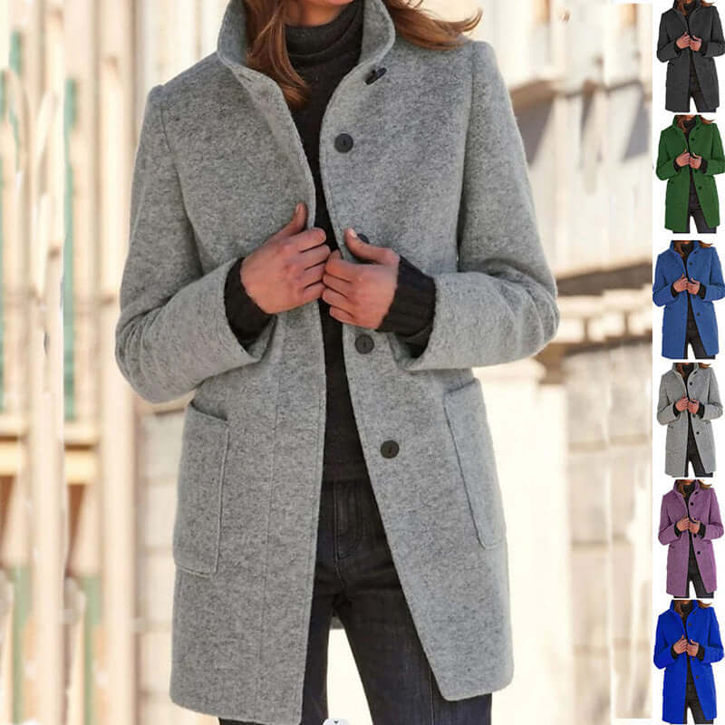 Fashion Stand Collar Woolen Coat With Pockets Fall Winter Casual Button Outwear For Women