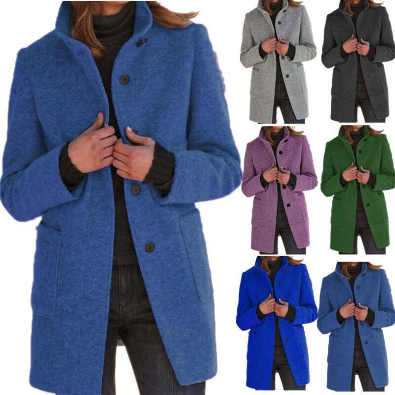 Fashion Stand Collar Woolen Coat With Pockets Fall Winter Casual Button Outwear For Women